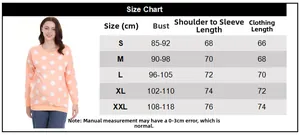 Size chart for orange polka dot maternity nursing sweatshirt with sleeve and length measurements