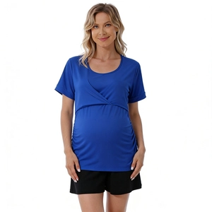 Detail of royal blue maternity top featuring crossover neckline for easy nursing breastfeeding