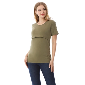 Detail of army green maternity nursing top with hidden double-layer feeding access