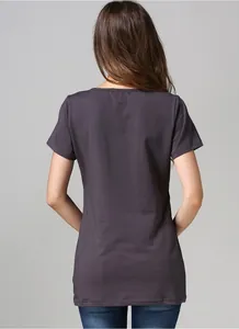 Rear view of a charcoal grey maternity nursing t-shirt with a slim fit cotton design