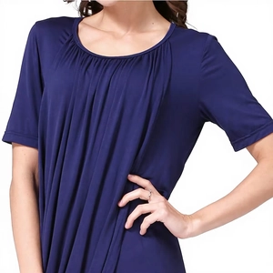 Detail of round neckline and vertical pleated texture on soft navy maternity dress