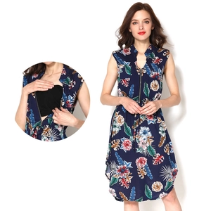 Floral maternity nursing dress in navy blue with functional front zipper for breastfeeding