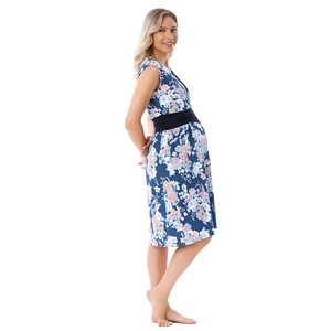 Detailed view of floral maternity nursing dress with flexible high elastic black waistband