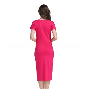 Robe de maternité moulante rose rouge avec manches courtes et tissu en coton extensible