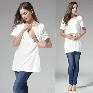 Detail of white cotton nursing T-shirt with double-layer cross design for breastfeeding
