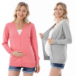 Women Maternity Knitted Cardigan V-Neck Long Sleeve Button Down Cotton Knit Open Front Sweater Outerwear For Pregnancy
