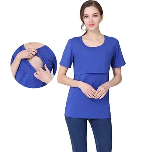 Detail of navy cotton nursing T-shirt showing functional double-layer nursing opening