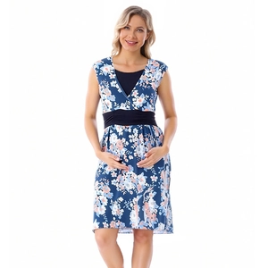 Floral maternity dress with V-neck and sleeveless design in navy blue for pregnant women