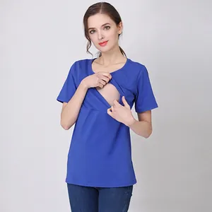 Detail of royal blue maternity nursing T-shirt with hidden breastfeeding opening function