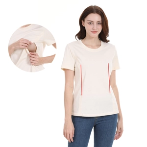 Short sleeve cotton nursing top in beige with discreet hidden side zippers for feeding