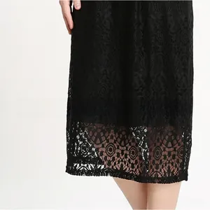 Detail des eleganten schwarzen Umstandskleids aus Spitze mit Stickerei und bequemem Futter