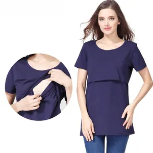 Detail of navy blue cotton breastfeeding t-shirt with double-layer nursing access design
