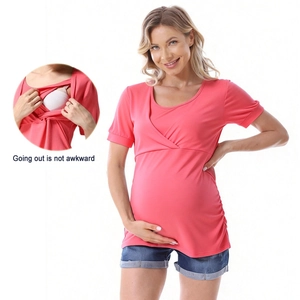 Modal Maternity Nursing T-Shirt V-Neck Cross Over Ruched Short Sleeve Top Soft Breathable Pregnancy Shirt For Women
