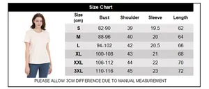 Size chart for maternity cotton nursing t-shirt with detailed measurements from S to 3XL
