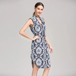 Floral sleeveless nursing dress with adjustable waist and blue paisley print