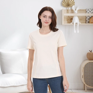 Short sleeve nursing top in cream cotton with round neck and zipper for breastfeeding