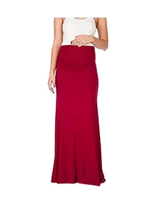 Red maternity maxi skirt with high waist adjustable belly support and modal fabric