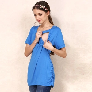 Sky blue maternity nursing top with cross-layer design and side ruching for breastfeeding