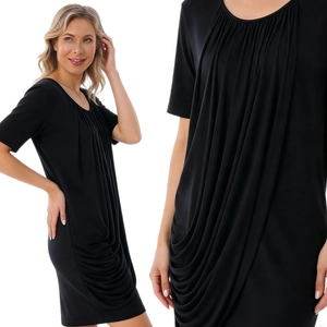 Soft modal maternity nursing dress in black with elegant pleated draping and short sleeves