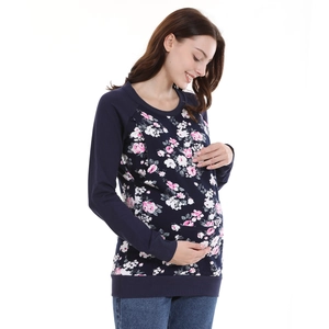Navy floral print maternity nursing sweatshirt with crew neck and ribbed cuffs for women