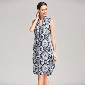 Detail of floral maternity dress showing V-neck zip and adjustable drawstring waist