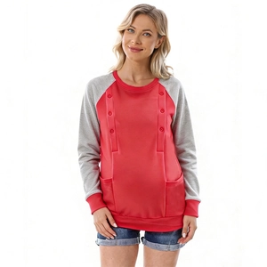 Detail of red and grey maternity nursing hoodie with button openings and side pockets