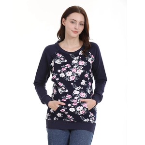 Floral breastfeeding sweatshirt with raglan sleeves and nursing access in navy blue