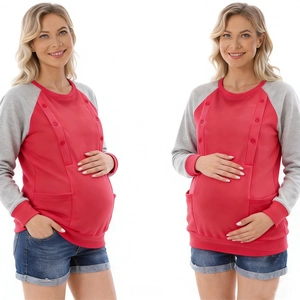 Detail view of pink maternity sweatshirt with grey raglan sleeves and nursing buttons