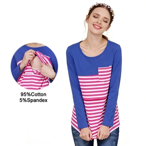 Maternity nursing top in blue and striped cotton fabric with hidden breastfeeding design