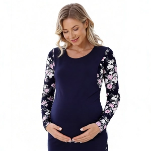 Long sleeve maternity dress in navy blue with floral print sleeves and round neck