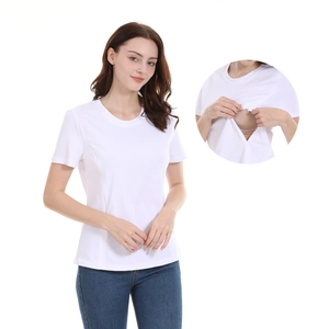 Short sleeve white maternity nursing t-shirt with hidden feeding openings and crew neck