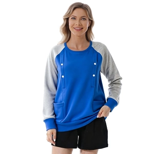 Close-up of nursing sweatshirt featuring button side openings and raglan sleeve design