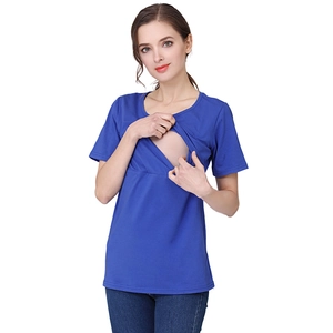 Blue short sleeve nursing T-shirt with double-layer design for easy breastfeeding access