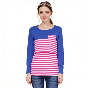 Detail of hidden nursing opening on navy and pink striped long sleeve cotton shirt