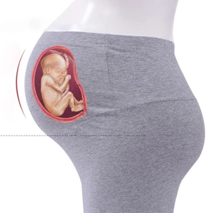 Grey high-waist maternity leggings with elastic belly support and pressure distribution