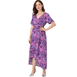 Robe longue portefeuille à motif paisley violet avec col en V et ourlet asymétrique