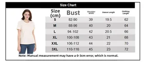 Size chart for maternity nursing t-shirt with measurements for S to 3XL sizes