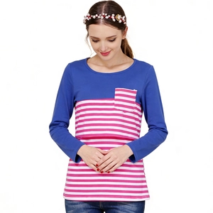 Long sleeve colorblock nursing shirt with pink stripes and hidden breastfeeding access
