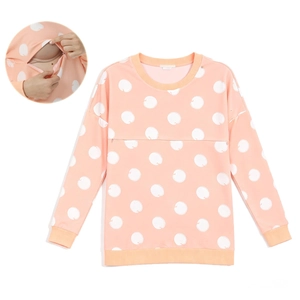 Maternity Nursing Hoodie Long Sleeve Round Neck Polka Dot Print Cotton Blend Sweatshirt For Pregnant Women Nursing Top