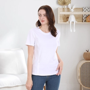 Short sleeve white cotton maternity nursing T-shirt with zipper for pregnancy and breastfeeding