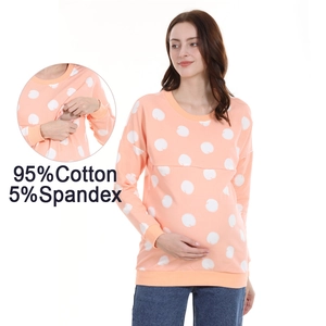 Pink polka dot cotton breastfeeding sweatshirt with hidden feeding openings for women