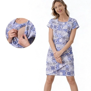 Robe de Maternité et d'Allattement en Coton Manches Courtes Imprimé Élégant Coupe Ajustée Robe d'Été pour Femmes Enceintes