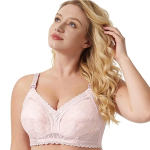 Detail of light pink full cup nursing bra featuring delicate lace and breathable mesh fabric