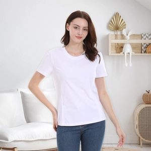 White cotton short sleeve maternity nursing T-shirt with zipper for summer wear