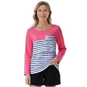 Long sleeve nursing top with pink and blue stripe patchwork design for maternity wear