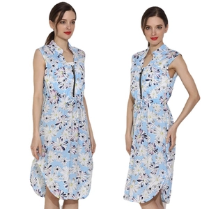 Floral maternity nursing dress in light blue with adjustable waist and front zipper detail