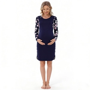 Navy maternity dress with floral print long sleeves and slim fit crew neck design