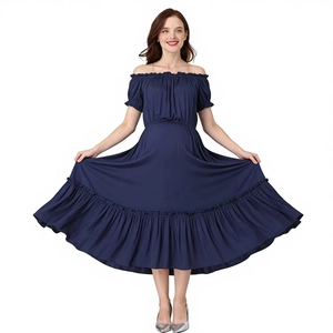 Fashion Women Off-Shoulder Maternity Dress Round Neck Two-Way Wear Modal Spandex Short Sleeve High Waist Ruffle Maxi Dress