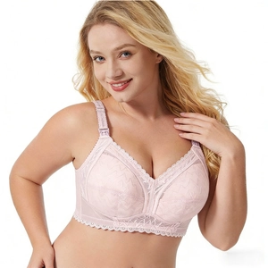 Pink full cup maternity nursing bra with lace detailing and wide straps for support