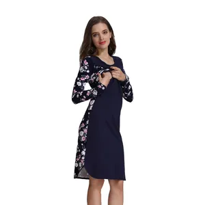 Detail of navy nursing dress showing floral print sleeves and hidden breastfeeding slit